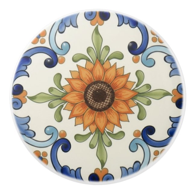 Pomo De Cerámica Sunflower Flower Mediterranean Blue Orange  Cream (Anverso)