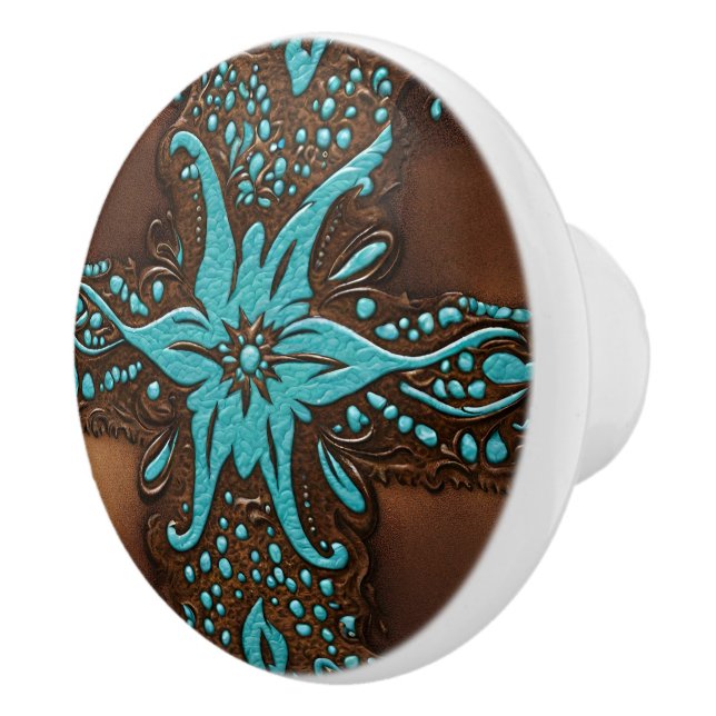 Pomo De Cerámica Sur Cowboy Brown Turquoise Western Country (Derecha)