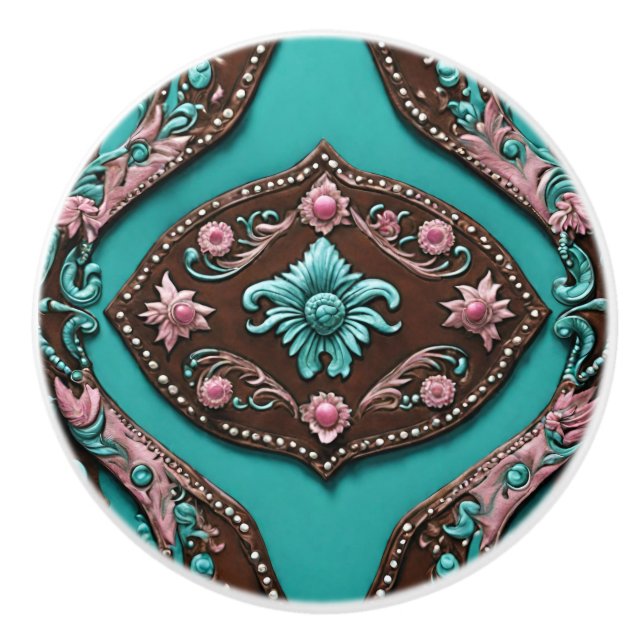 Pomo De Cerámica Sur Cowgirl Turquoise Pink Western Country (Anverso)