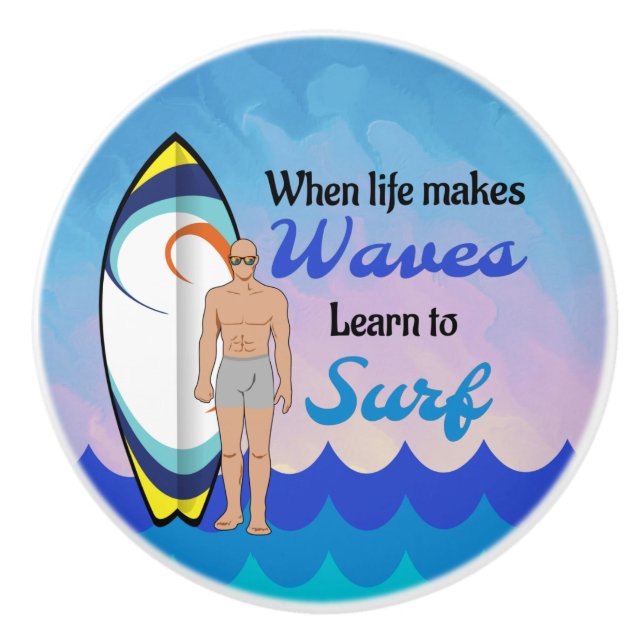 Pomo De Cerámica Surfboard Ocean Waves Blue Motivation Cita (Anverso)