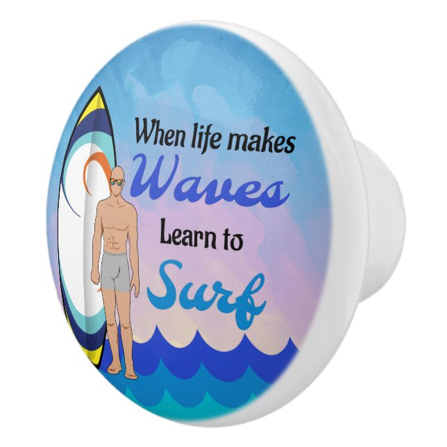 Pomo De Cerámica Surfboard Ocean Waves Blue Motivation Cita (Derecha)