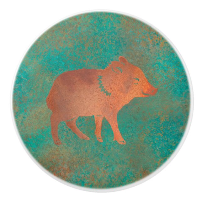 Pomo De Cerámica Suroeste Cute Javelina Baby Copper Verde azulado (Anverso)