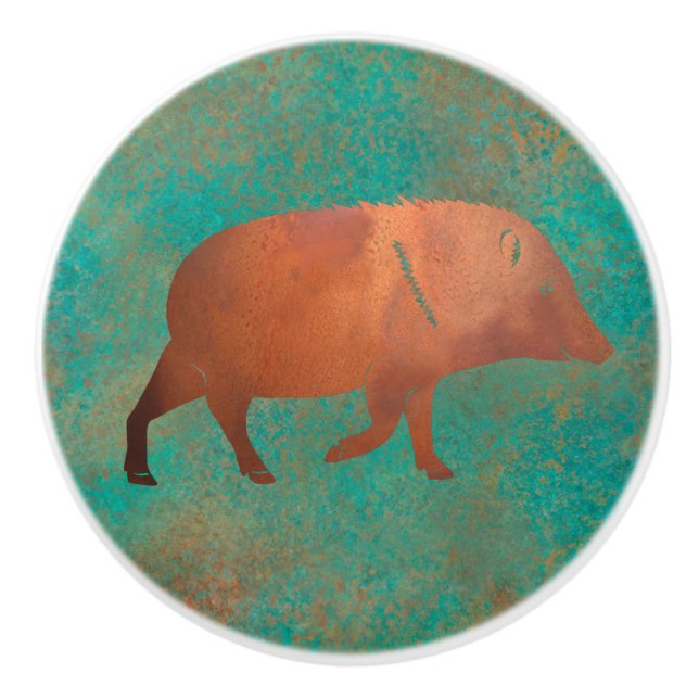 Pomo De Cerámica Suroeste Cute Javelina Daddy Copper Verde azulado (Anverso)