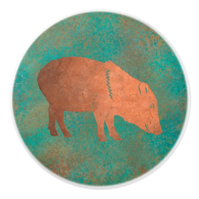 Pomo De Cerámica Suroeste cute Javelina Momma Copper Verde azulado (Anverso)