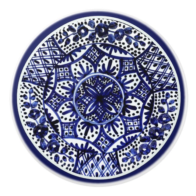 Pomo De Cerámica Talavera azul y blanca Seis (Anverso)