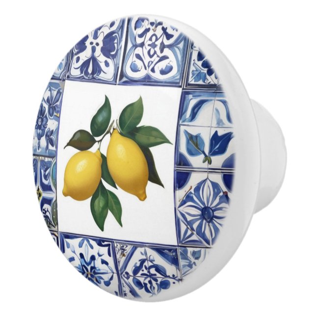 Pomo De Cerámica Talavera Lemons - Mediterráneo azul y blanco (Derecha)