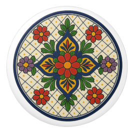 Pomo De Cerámica Talavera mexicana Fancy Floral Folk Art Grid Knob