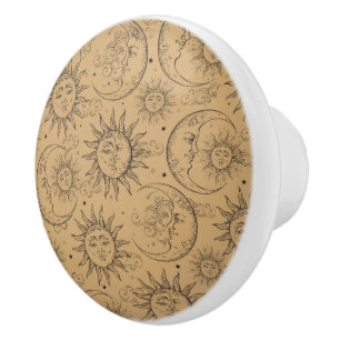 Pomo De Cerámica Tan Beige Mágico Vintage Celestial Sol Luna Estrel