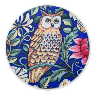 Pomo De Cerámica Tapiz de búho William Morris, beige y azul cobalt