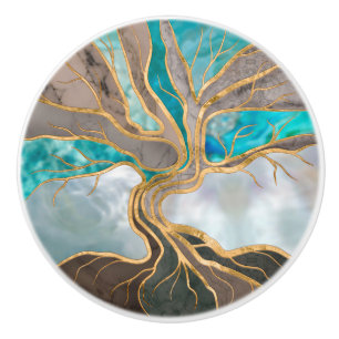Pomo De Cerámica Taupe and teal Marble Tree of life