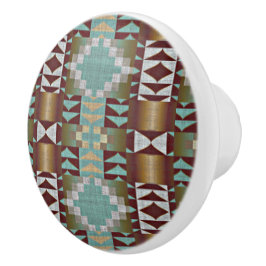 Pomo De Cerámica Taupe Brown Turquoise Aqua Blue Tribal Pattern