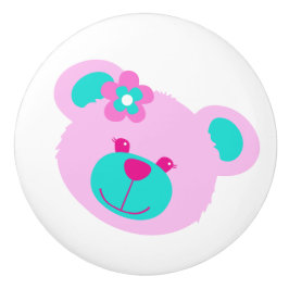 Pomo De Cerámica Teddy bear face pink aqua art pourknob