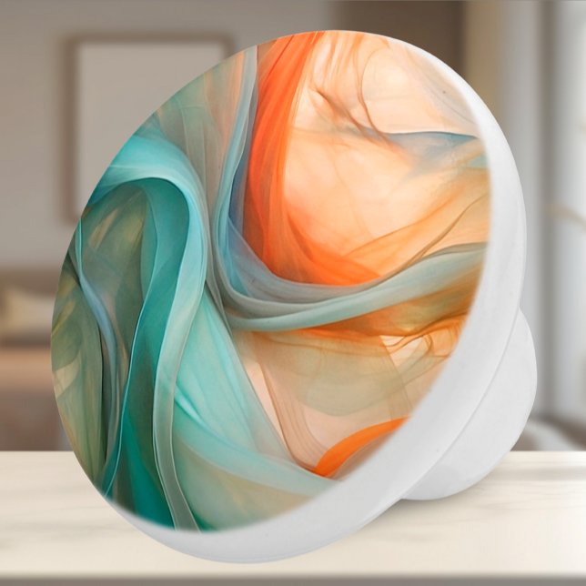 Pomo De Cerámica Tejido de cerámica de resumen de seda flotante (Ceramic Knob - Artsy Orange & Teal Flowing Silk Fabric - Decor Accent for Bedroom or Bath)