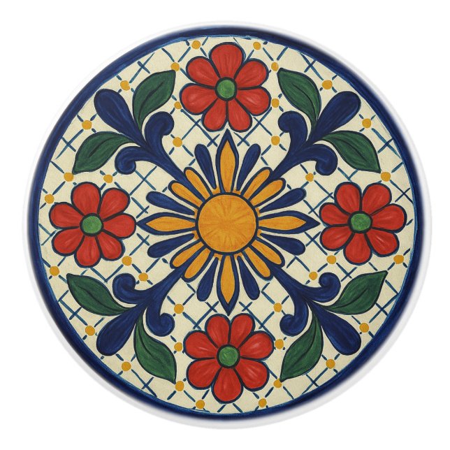 Pomo De Cerámica Tejido de cerámica floral de talavera mexicana (Anverso)