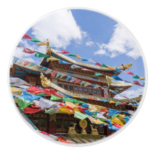 Pomo De Cerámica Templo tibetano con banderas de oración - Yunnan,