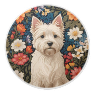 Pomo De Cerámica Terrier West Highland Elegante Colorido Floral
