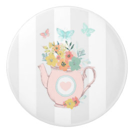 Pomo De Cerámica Tetera rosa con flores y mariposas