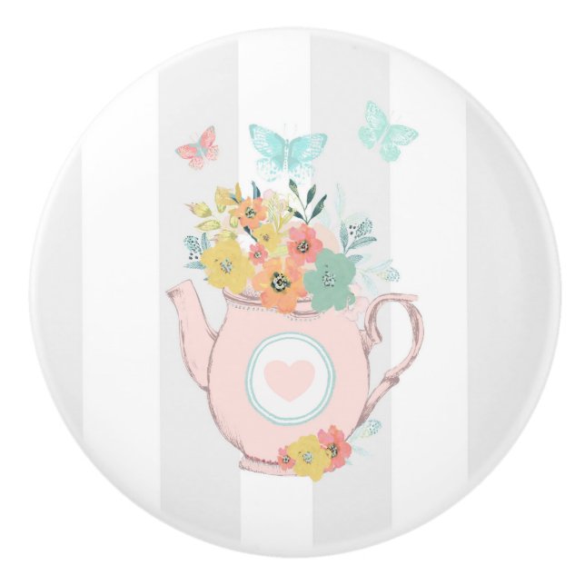 Pomo De Cerámica Tetera rosa con flores y mariposas (Anverso)