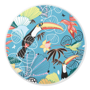 Pomo De Cerámica Textura tropical con Toucans y los colibríes