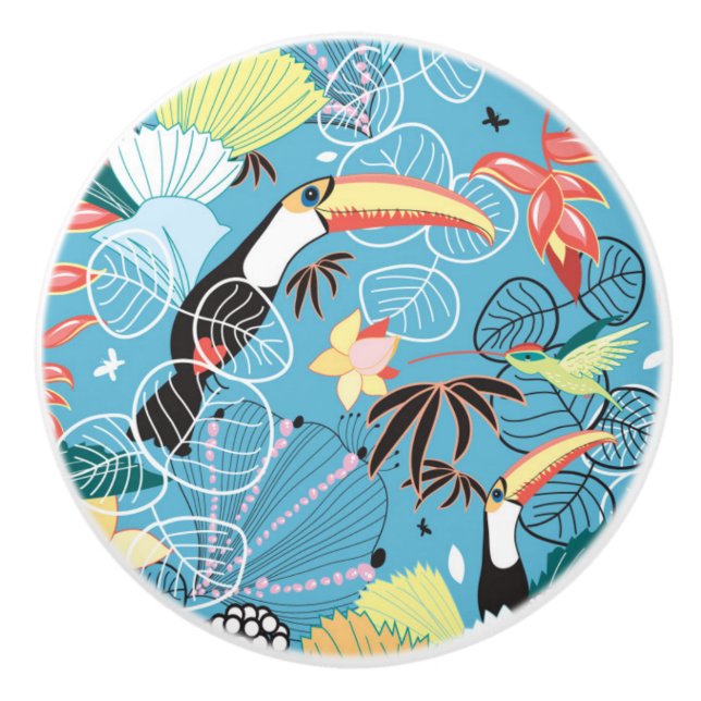 Pomo De Cerámica Textura tropical con Toucans y los colibríes (Anverso)