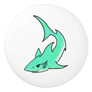 Pomo De Cerámica tiburón sonriente de dibujos animados azul verde m