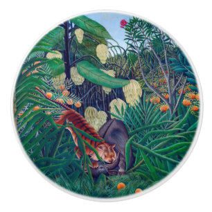 Pomo De Cerámica Tigre atacando búfalo en exótica jungla tropical