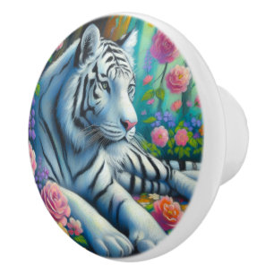 Pomo De Cerámica Tigre blanco en un bosque con flores color rosa Ve