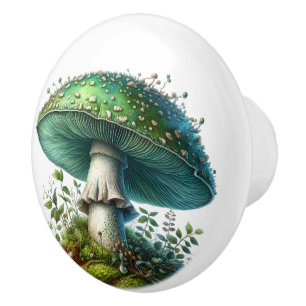 Pomo De Cerámica Toadstool verde en el bosque