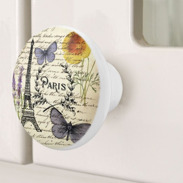Pomo De Cerámica torre de eiffel de parís de mariposa frenético vin (vintage rustic french butterfly paris eiffel tower ceramic knob)