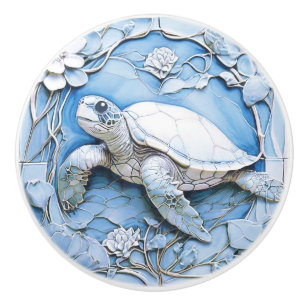 Pomo De Cerámica Tortuga marina Art Nouveau Faux Relief Blue Ocean