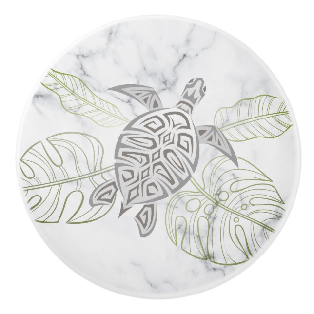 Pomo De Cerámica Tortuga Marina Gris Mármol Tropical Costero  (Anverso)