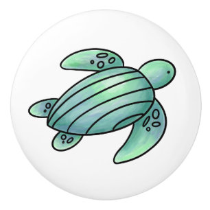 Pomo De Cerámica tortuga marina pintada con acuarela azul verde de