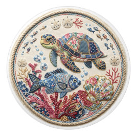 Pomo De Cerámica Tortuga y pez de colcha de patchwork