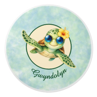 Pomo De Cerámica Tortugas Marinas Bebés Adorables con Flores Tropic