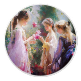 Pomo De Cerámica Tres chicas jugando en el jardín