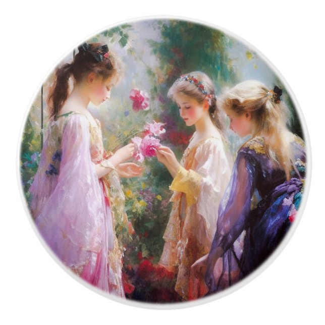 Pomo De Cerámica Tres chicas jugando en el jardín (Anverso)