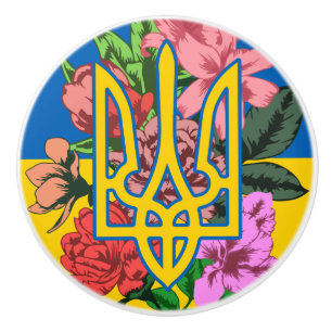 Pomo De Cerámica Tridente ucraniano y bandera de Ucrania con flores