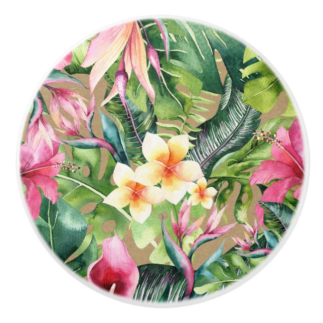 Pomo De Cerámica Tropical Aloha Floral Luau Hojas de Verano Kraft (Anverso)