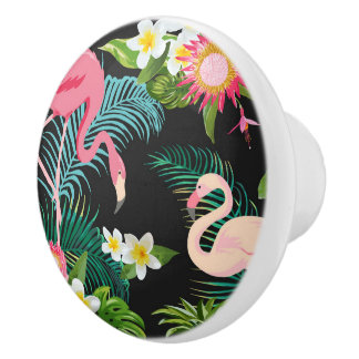 Pomo De Cerámica Tropical Birds Flowers Flamingo Watery Landscape