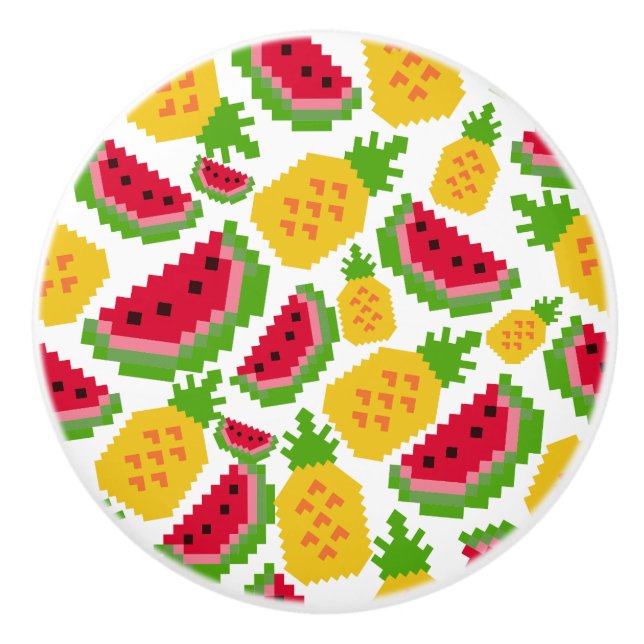 Pomo De Cerámica Tropical Watermelon and Pineapple Pixel Pattern (Anverso)