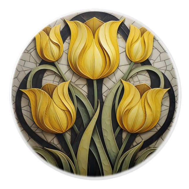 Pomo De Cerámica Tulipanes amarillos Floral Art Nouveau Inspiración (Anverso)