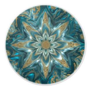 Pomo De Cerámica Turquesa Azul Mármol Dorado Flor Sueño Abstracto