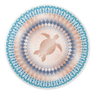 Pomo De Cerámica Turquesa Tortuga Mandala Náutico de Oro Rosa