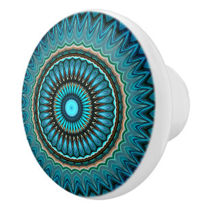 Pomo De Cerámica Turquesa Verde Mandala Patrón Estrella Redonda