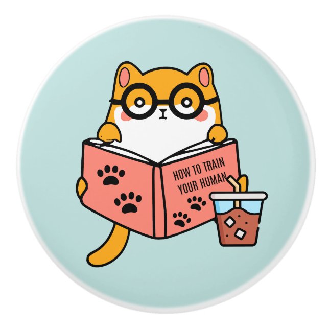 Pomo De Cerámica Un gato kawaii lindo leyendo un libro (Anverso)