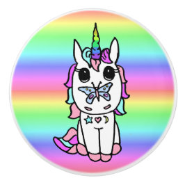 Pomo De Cerámica Unicornio arcoiris con mariposa en la nariz