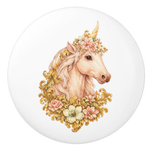 Pomo De Cerámica Unicornio con hojas de acanto doradas
