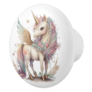 Pomo De Cerámica Unicornio Pegasus Fantasy Pastel Azul Rosa