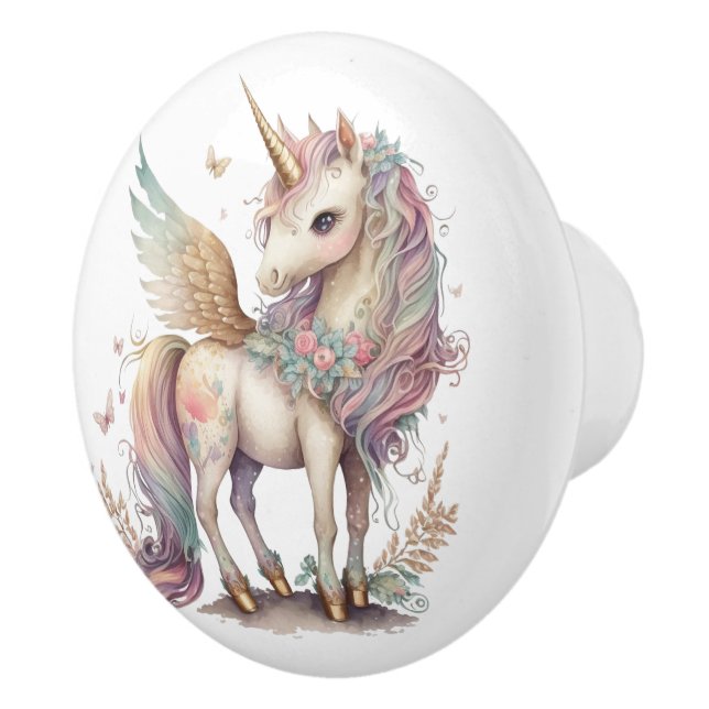 Pomo De Cerámica Unicornio Pegasus Fantasy Pastel Azul Rosa (Derecha)