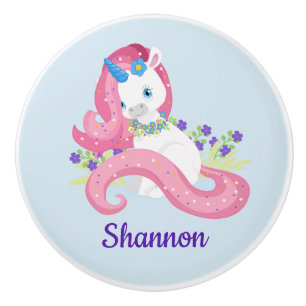 Pomo De Cerámica Unicornio Rosa Personalizado Habitación Infantil M